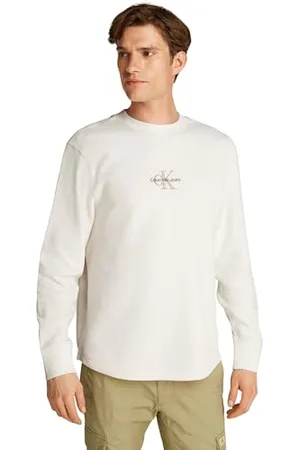 Calvin Klein Jeans Męska koszulka MONOLOGO Waffle LS J30J327120 L/S, biała (kość słoniowa), XXS, , XXS