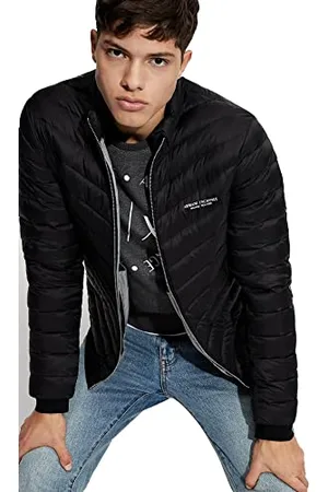 Armani Exchange Męska kurtka puchowa z zamkiem błyskawicznym, Milano/New York Logo Alternatywny płaszcz, czarny/szary melanż, rozmiar B, XS, , XS