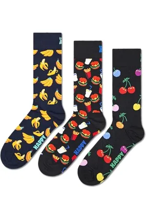 Happy Socks Zestaw 3 par skarpetek - zabawne skarpetki z nadrukiem banana i hamburgera, z bawełny organicznej dla kobiet i mężczyzn