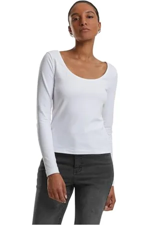 Urban classics Damska koszulka z długim rękawem z szerokim dekoltem z długim rękawem, rozciągliwa koszulka z długim rękawem z szerokim dekoltem, krój slim fit, , L