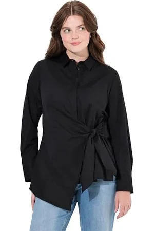 Ulla Popken Bluzka damska, duże rozmiary, plus size, drapowana, kołnierzyk koszuli, długi rękaw, bawełna ekologiczna, , 54-56