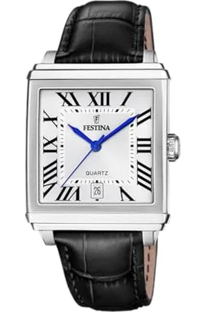 Festina F20681/1 na kwadratowym zegarku męski szary skórzany pasek ze stali nierdzewnej, , Skóra