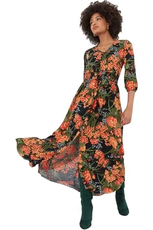 Joe Browns Modna damska sukienka maxi z koronką w kwiaty, regularny krój, pomarańczowa, UK 10, , 36