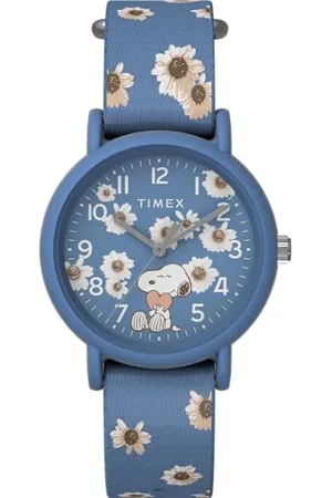 Timex Peanuts zegarek uniseks 34 mm – pasek wsuwany z niebieskiej tkaniny, jednowarstwowa niebieska tarcza, koperta w kolorze niebieskim, TW2W33500
