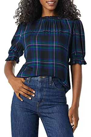 Amazon Damska koszula Fluid Twill z krótkim bufiastym rękawem, czarna niebieska Chelsea Tartan, L