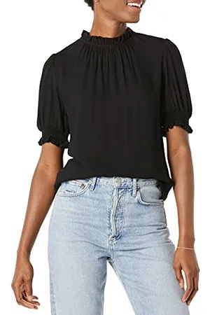 Amazon Damska koszula Fluid Twill z krótkim bufiastym rękawem, czarna, XS