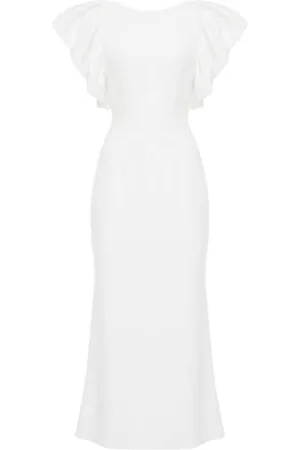 Swing Biała, elegancka, taliowana sukienka midi z krótkimi rękawami Rita | rozmiar 42, , 42