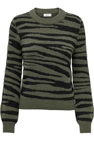 JDY Jacqueline de Yong damski sweter z dzianiny, normalny krój, okrągły dekolt, prążkowane mankiety, Kalamata/Szczegóły: czarne paski zebry, M