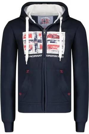 Geographical Norway Ginam Męska bluza z kapturem z kieszenią kangurka - Bluza z logo sweter z kapturem ciepły długi rękaw - mężczyźni wiosna lato jesień zima (granatowa biała L), , L