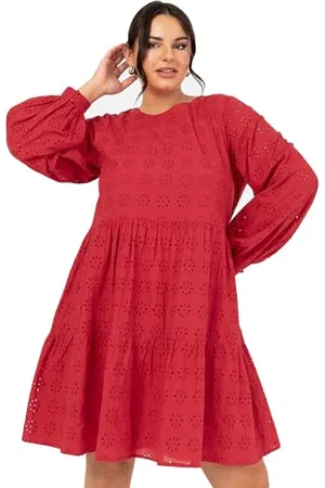 Lovedrobe Damska sukienka smock do kolan, długość do kolan, okrągły dekolt, długi rękaw, broderie Anglaise Smock Shift Cotton Casual czerwona 48, , 48