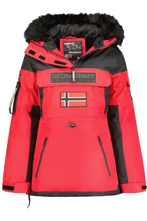 Geographical Norway Bruna Lady Długa gruba ciepła kurtka damska jesienno-zimowa - cienki płaszcz ze sztucznego futra z kapturem - kurtka wiatrówka - elegancka kurtka puchowa damska (czerwony S)