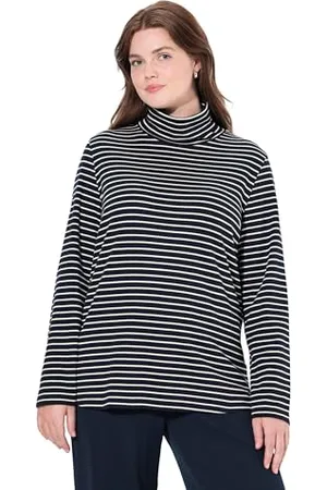 Ulla Popken Damska duże rozmiary plus size koszula prążkowana, slim, golf, długi rękaw, bawełna ekologiczna, , 50-52