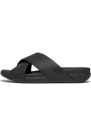 FitFlop Surfer Męskie Tumbled-Leather Cross Slides Sandał, Czarne, 7 UK, , 7 UK Wide