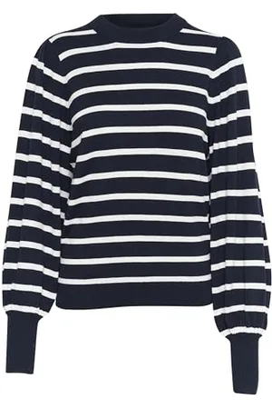Kaffe Damski sweter lekki dzianina w paski dekolt regularny krój długie rękawy, Północ morska/pasek chalkowy, S