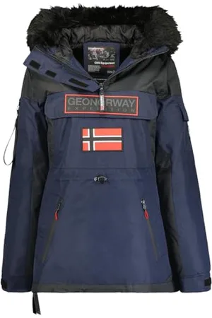 Geographical Norway Bruna Lady Długa gruba ciepła kurtka damska jesienno-zimowa - cienki płaszcz ze sztucznego futra z kapturem - kurtka wiatrówka - elegancka kurtka puchowa damska (granatowa M)