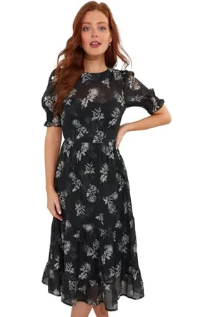 Joe Browns Moda damska monochromatyczna kwiecista sukienka midi z bufiastymi rękawami przezroczysta sukienka midi z Cami, regularny krój, czarna, UK 14, , 40