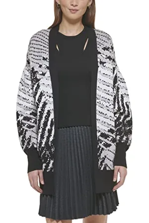 DKNY Damski sweter z otwartym przodem, z zamkiem błyskawicznym, Black/Ivory/Flint Heather Grey, M
