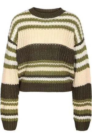 Noisy May NMCHARLIE L/S O-NECK STRIPE KNIT NOOS, Kalamata/paski: zielony mech + owsianka + jajko, M