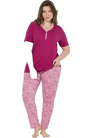 Ulla Popken Piżama damska, duże rozmiary, plus size, ozdobne krawędzie, koronkowy nadruk, pół rękawów, , 54-56