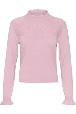 Cream Damska bluzka z dzianiny z długim rękawem Mock Neck Regular Fit Frill Details, , M