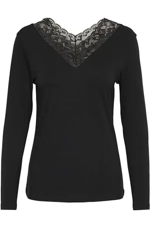 Cream Damska koszulka z długim rękawem V-Neck Lace Edge Regular Fit Koszulka, , XL