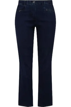 Ulla Popken Damskie duże rozmiary plus size dżinsy Mony, stożkowa nogawka, kieszenie zapinane na zamek błyskawiczny Dark Blue Denim 100 808812903-100, , 40W / 34L