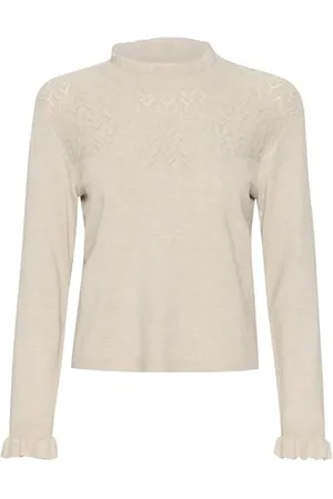 Cream Damska bluzka z dzianiny z długim rękawem Mock Neck Regular Fit Frill Details, , XL
