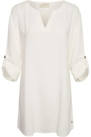 Cream Kremowy damski Tunec V-Notch Neck Długie rękawy Below Hip Length Casual Fit Dress Woman, , 36