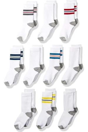 Amazon 10-pak bawełnianych skarpet Varsity Crew Casual Color Stripe/biały z szarym wrzosowym obcasem, , S