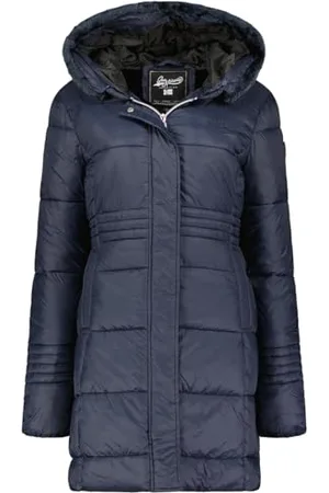 Geographical Norway Deneza Lady Parka Długa gruba ciepła damska jesienno-zimowa - cienki płaszcz ze sztucznego futra z kapturem - kurtka wiatrówka - elegancka kurtka puchowa damska (granatowa L)