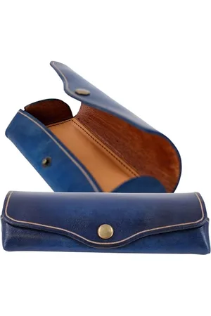 Mika 28063107 - etui na okulary duże z prawdziwej skóry / skóry siodełka, etui na okulary i okulary korekcyjne, pudełko na okulary dla kobiet i mężczyzn, przechowywanie okularów w kolorze niebieskim, etui na okulary przeciwsłoneczne ok. 16 x 8 x