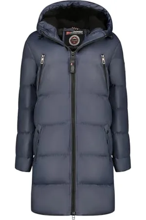 Geographical Norway Adrianna Lady Parka Długa gruba ciepła damska jesienno-zimowa - cienki płaszcz ze sztucznego futra z kapturem - kurtka wiatrówka - elegancka kurtka damska (granatowa S),