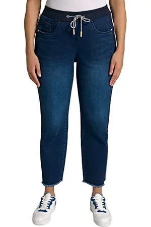 Ulla Popken Damski Boyfriend, prążkowany ściągacz, boczne paski, dżinsy z obszyciem z frędzlami, ciemny niebieski denim, 60