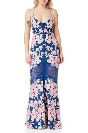 HOPE & IVY Sukienka maxi Svetlana Cross Over wiązana z rybim ogonem z koronkowym wykończeniem, niebieska i różowa, UK14, , 40