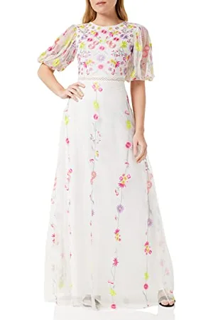 Frock and Frill Damska kwiecista haftowana sukienka na specjalne okazje, biała, 10, , 36