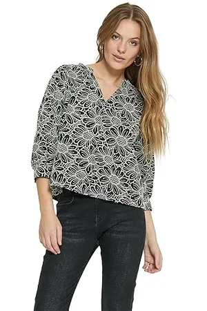 Minus Damska bluzka z haftem Maila z dekoltem w serek 3/4, czarna, 8, Black, 34