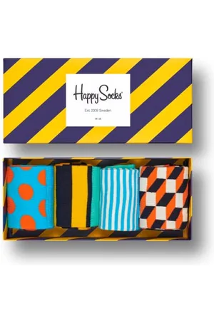Happy Socks Amazon Stripe Gift Box, kolorowe i zabawne, Skarpety dla kobiet i mężczyzn, Niebieski-Pomarańczowy-Czerwony-Żółty-Biały 4 pary (36-40)