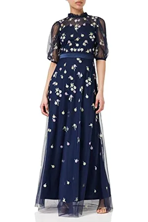 Frock and Frill Damska kwiecista haftowana sukienka na specjalne okazje, granatowa, 8, , 34
