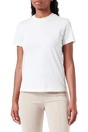 Calvin Klein Jeans Damska koszulka z haftowanym dekoltem S/S, Kość słoniowa/Plaza Taupe, XS