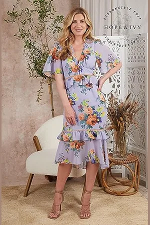 HOPE & IVY Damska sukienka herbaciana The Chloe Ann Midi z baskinką i warstwową spódnicą z falbanami na specjalne okazje, , 34