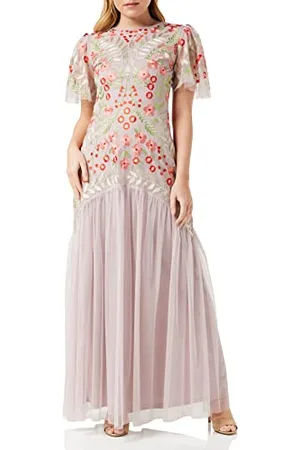 Frock and Frill Damska kwiecista haftowana sukienka na specjalne okazje, różowa, 10, , 36