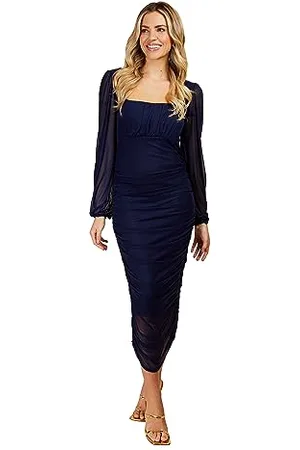 Little Mistress Damska granatowa sukienka koktajlowa z siateczką Midi Bcon, , 42