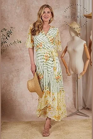 HOPE & IVY Damska sukienka maxi The Ayesha Flutter Sleeve z wiązaną talią na specjalne okazje, , 40