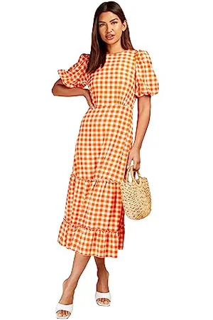 Little Mistress Damska pomarańczowa sukienka w kratkę Midaxi Casual, , 44