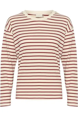 Kaffe Damska koszulka z długim rękawem Boxy Fit Crew Neck Striped Tee Cotton Jersey, , M