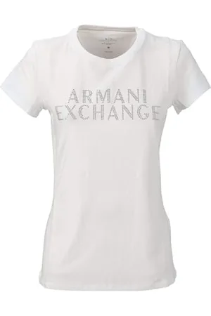 Armani Exchange Damska dopasowana koszulka slim stretch z bawełny zdobionej logo, , XS