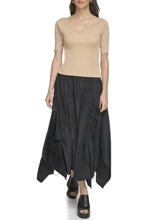 DKNY Damski top z prążkowanym dekoltem w serek, drzewo sandałowe, rozmiar S, , S