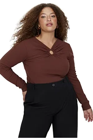 Trendyol Damska prosta bluzka z długimi rękawami, taliowana bluzka w rozmiarze plus size, , 5XL Duże rozmiary