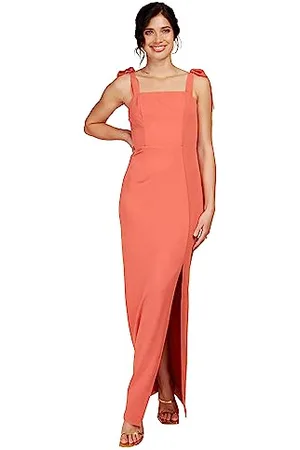 Little Mistress Damska sukienka maxi dla druhny z koralowym paskiem, , 44