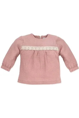 Pinókio Blouse Long Sleeve Petit Lou, 100% bawełna, różowy muslinum with lace, Girls, 68-80 (68), , 68 cm